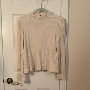Me+Em Ruffle Neck Ribbed Long Sleeve pointelle Top - Cream